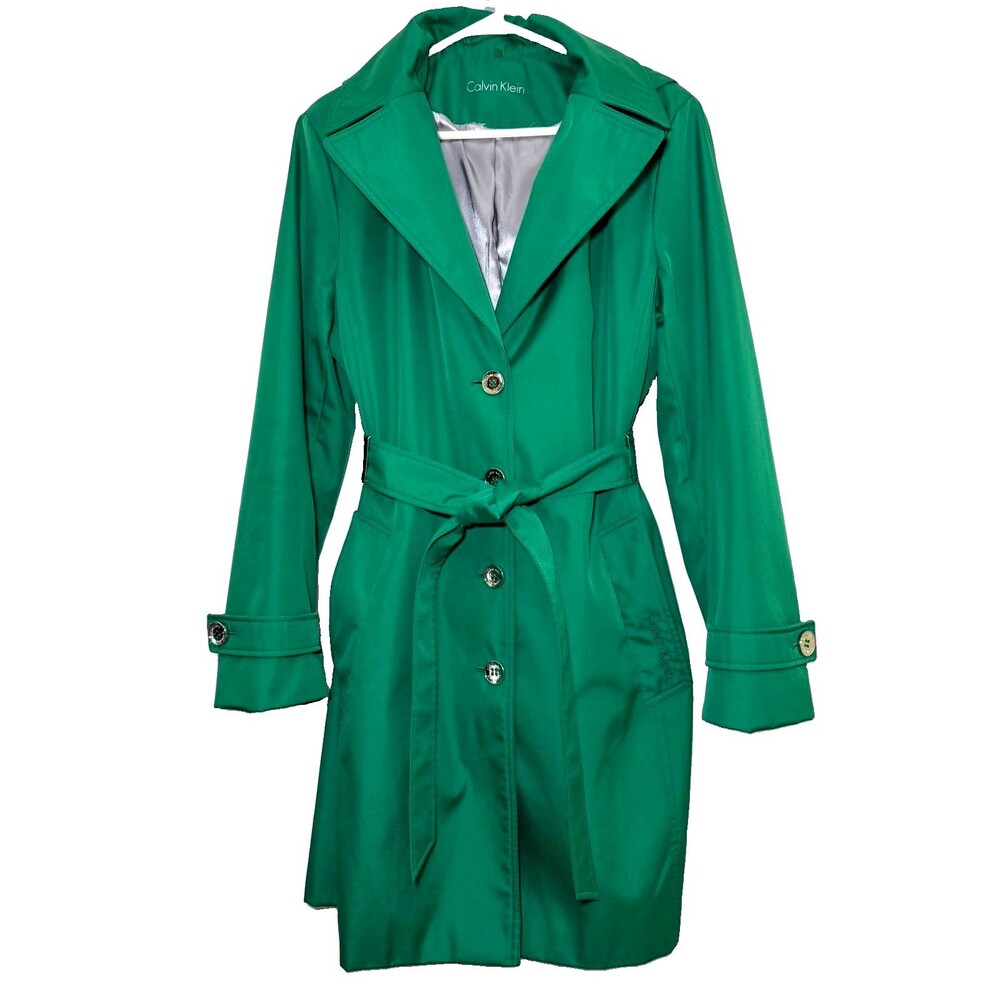 Calvin Klein Green Hooded Belted Trench Coat Women’s Large L Rain Jacket